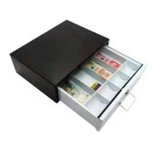 Caja menor metálica con gaveta negro con blanco metálico grande