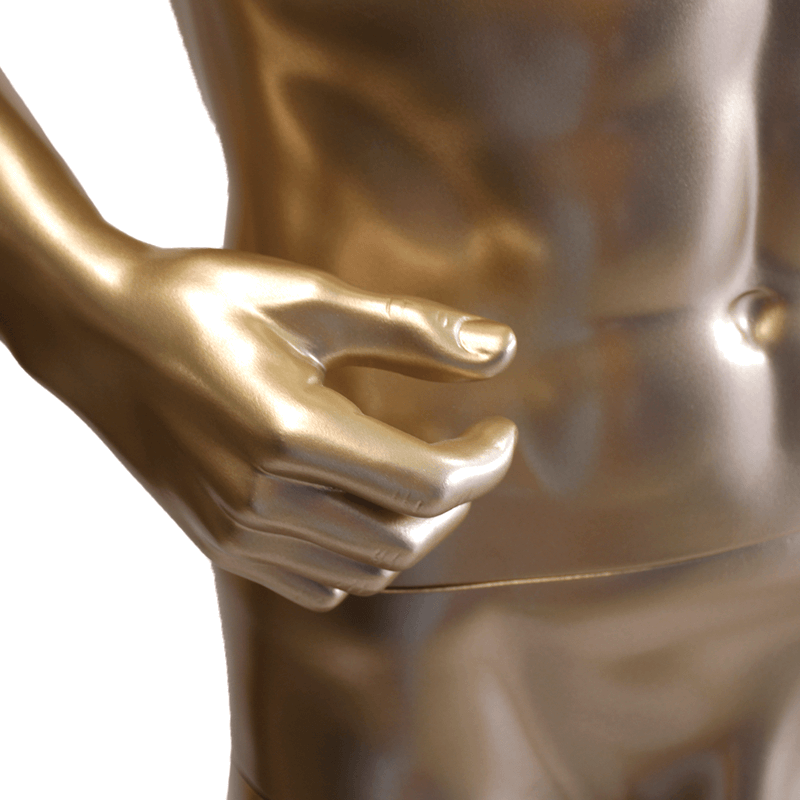 maniquí androide dorado para hombre , fabricado en fibra de vidrio y base en acero inoxidable